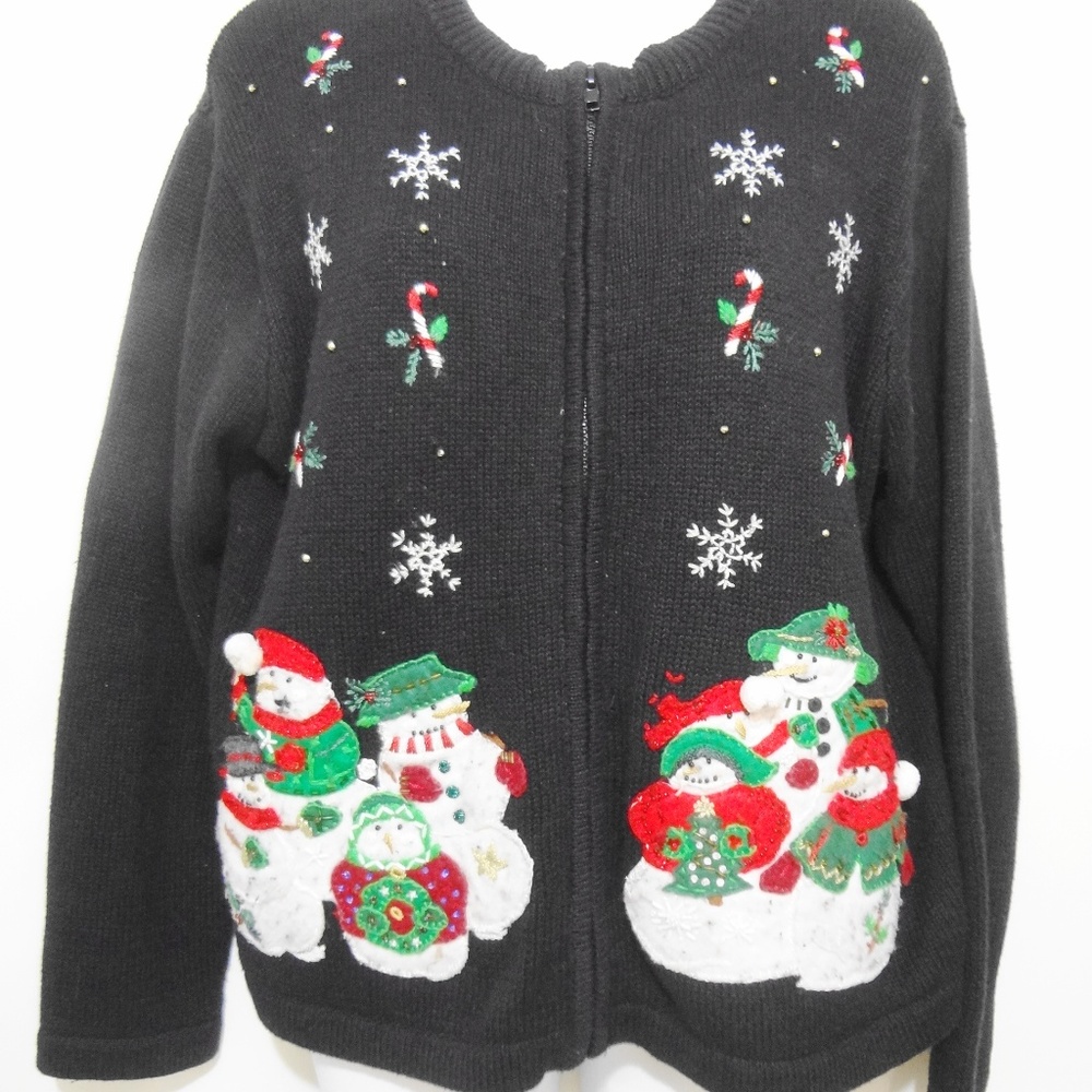 Ugly Christmas Sweater Petite PL Applique Snowmen Tiara Zip-Front Cardigan